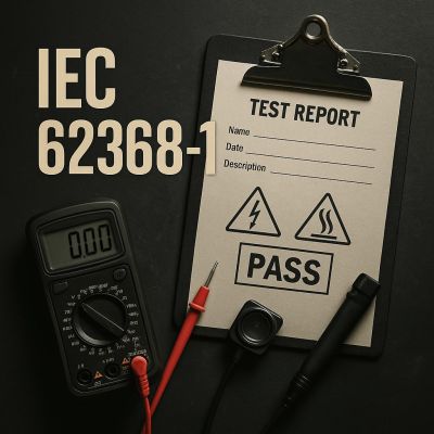IEC 62368-1 compliance illustrated with safety test report, multimeter and test probes on dark background