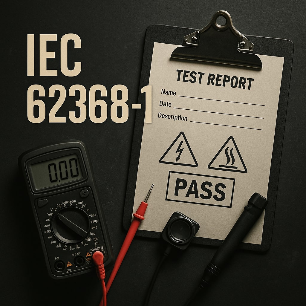IEC 62368-1 compliance illustrated with safety test report, multimeter and test probes on dark background