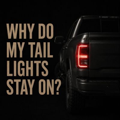 Dark pickup truck rear with red tail lights illuminated beside large text reading “Why do my tail lights stay on?”
