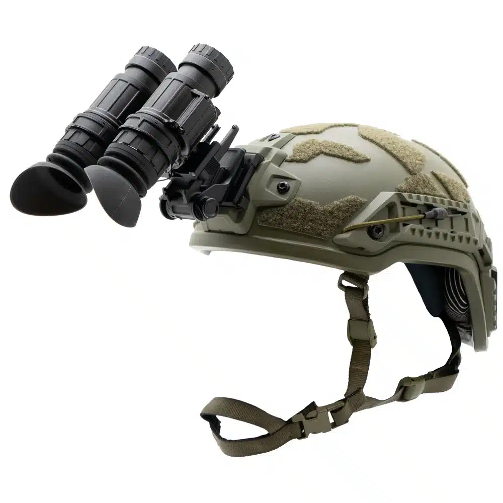 Helmet mount shown on a helmet with NVG