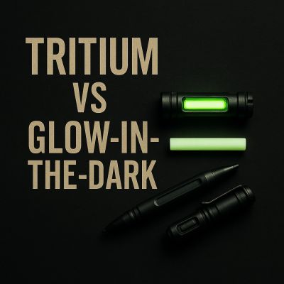 Tritium vs glow-in-the-dark comparison with glowing tritium vial, phosphorescent rod, and tactical tools on dark background