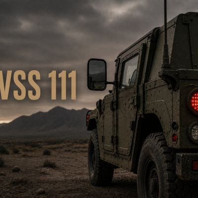 FMVSS 111 military vehicle with rear lights and side mirror in rugged terrain.