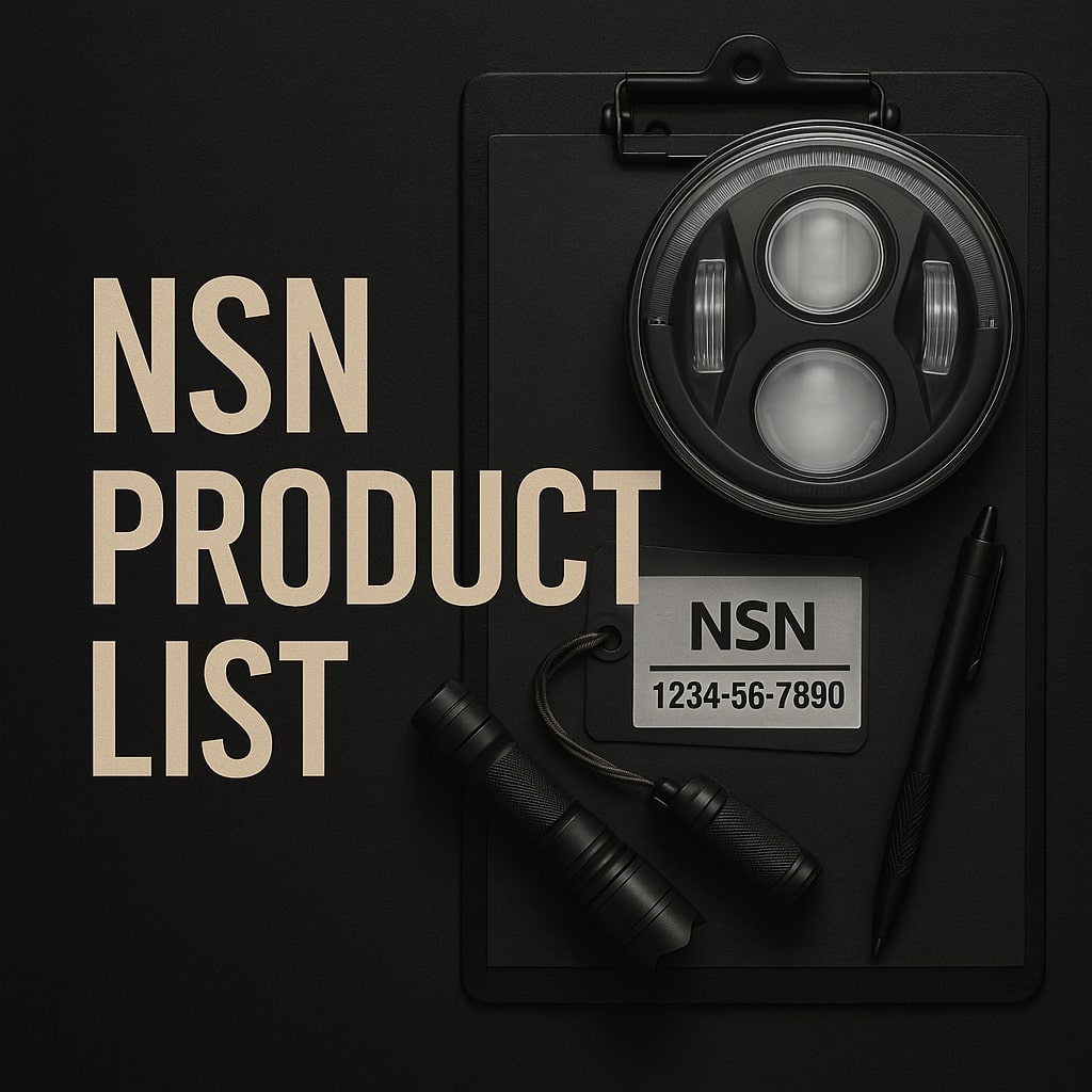 NSN product list illustrated with 8700 EVO headlight, NSN tag, tactical flashlight and pen on dark clipboard background with bold text overlay