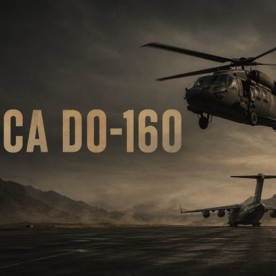 RTCA DO-160 aircraft testing standard image with helicopter overhead and cargo plane on runway.