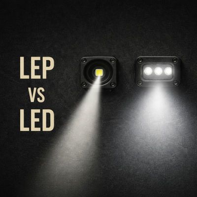 LEP vs LED lighting comparison showing narrow long-range LEP beam and wide LED flood beam on dark background
