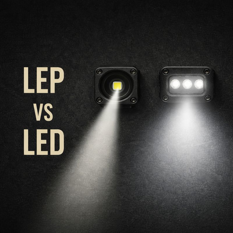 LEP vs LED lighting comparison showing narrow long-range LEP beam and wide LED flood beam on dark background