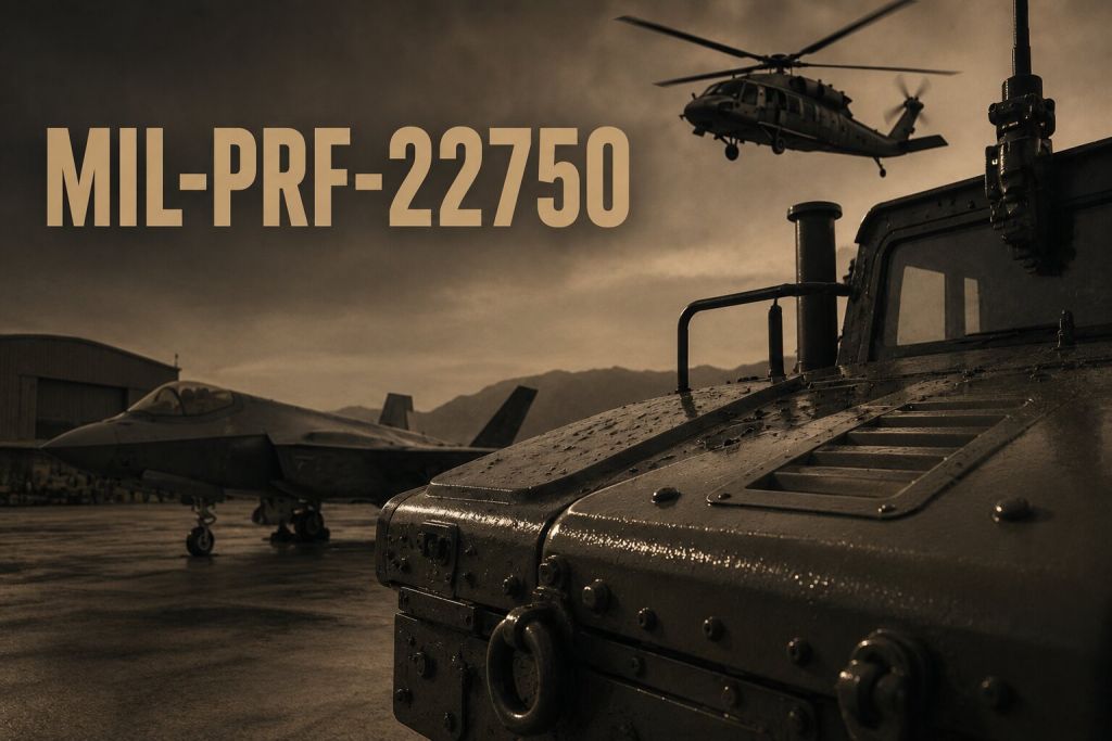 MIL-PRF-22750 epoxy coating standard image with coated military vehicle, fighter jet, and helicopter.