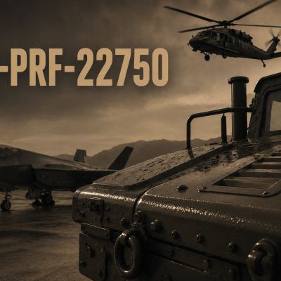 MIL-PRF-22750 epoxy coating standard image with coated military vehicle, fighter jet, and helicopter.
