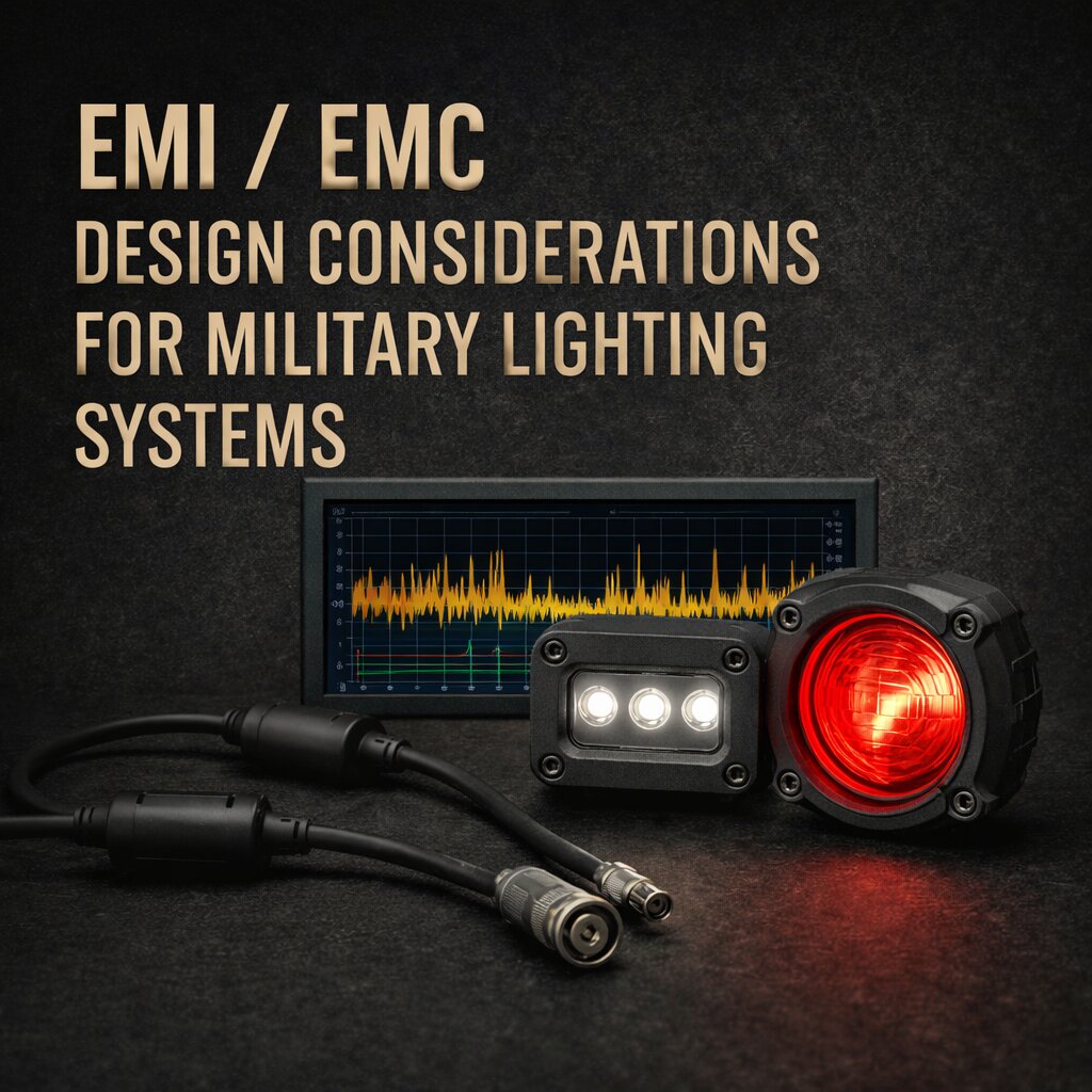 EMI and EMC design considerations for military lighting systems shown with rugged LED modules, shielded cables and spectrum analyzer display on dark background