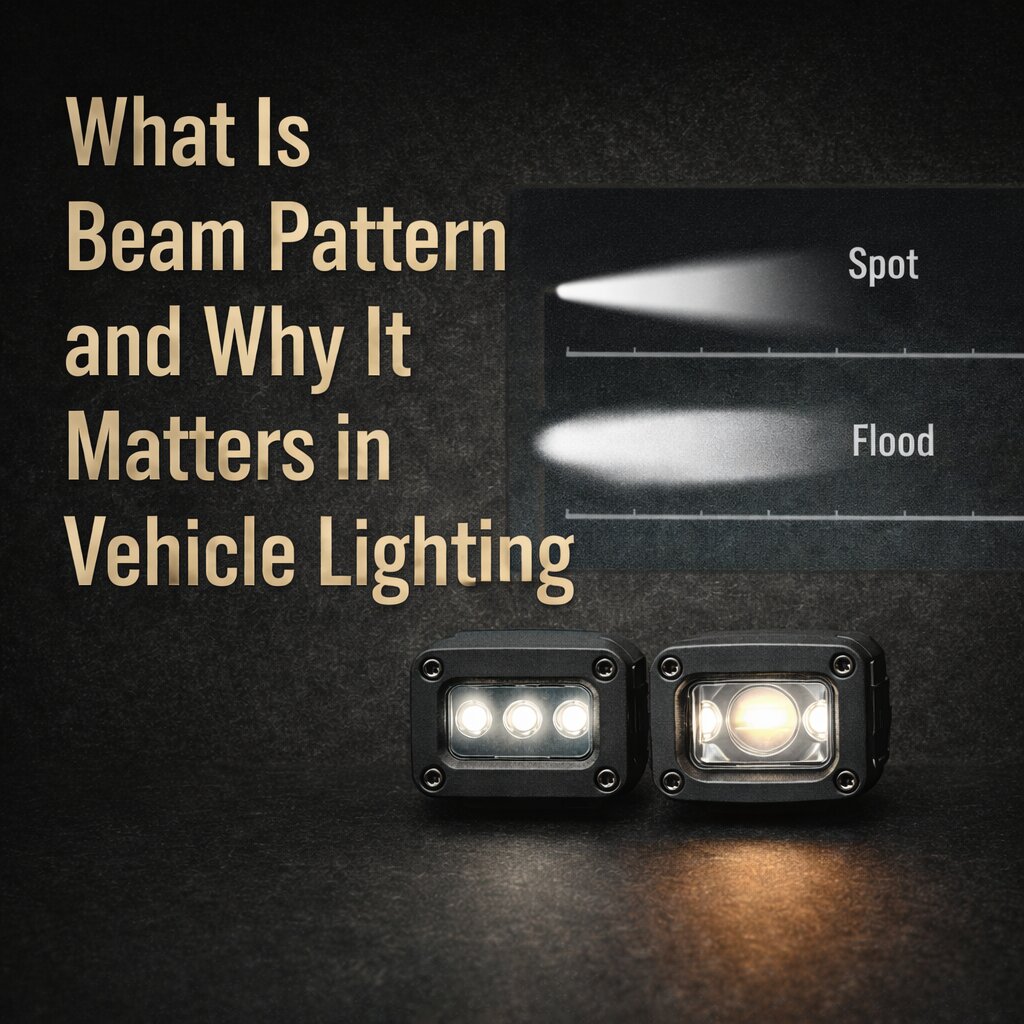 Beam pattern comparison in vehicle lighting showing spot beam vs flood beam with LED light modules on dark background