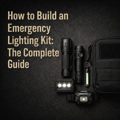 Emergency lighting kit with tactical flashlight, LED work light, headlamp and glow marker arranged on dark background