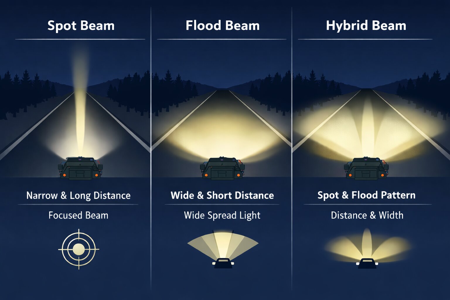 Diagram comparing spot beam, flood beam and hybrid beam patterns on a military vehicle at night showing distance and light spread differences