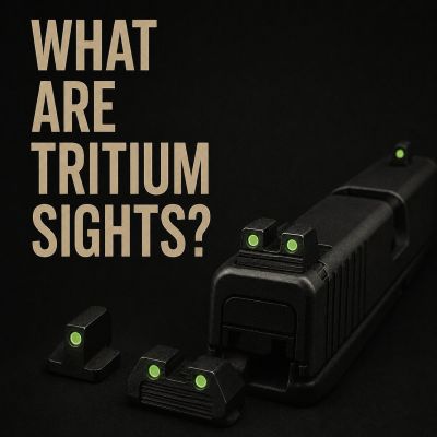 Close-up of glowing green tritium night sights on a black firearm slide with the text “What are tritium sights?”